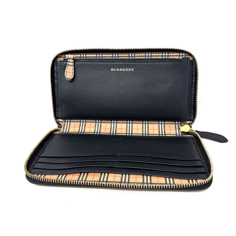 VTG Burberry Zip Around Wallet Clutch Black Leather House Check Canvas Preppy